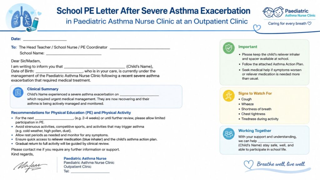 School PE Letter After Severe Asthma Exacerbation in Paediatric Asthma Nurse Clinic at an Outpatient Clinic