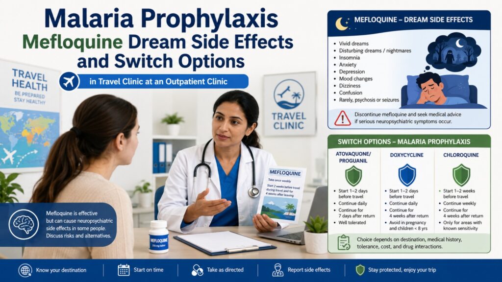 Malaria Prophylaxis Mefloquine Dream Side Effects and Switch Options in Travel Clinic at an Outpatient Clinic